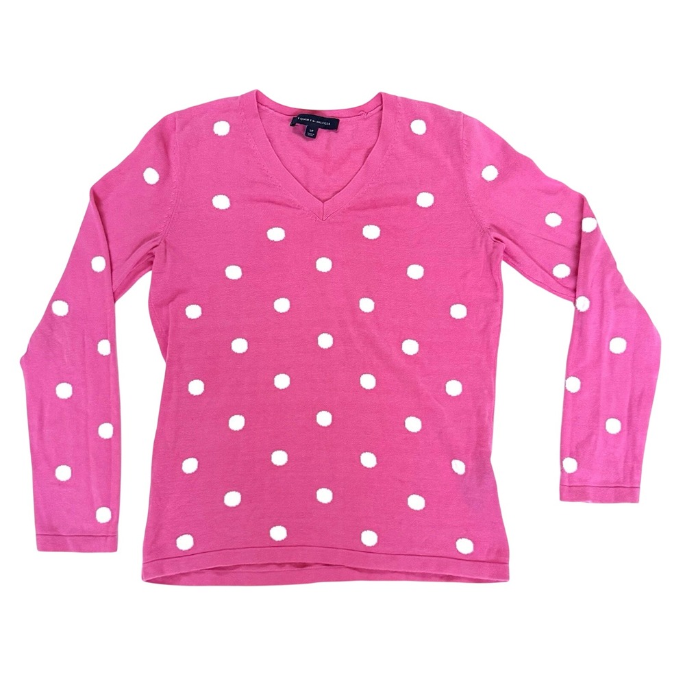 Tommy Hilfiger Sweater Women S Pink Polka Dot V-Neck Tennis Preppy‎ Barbie